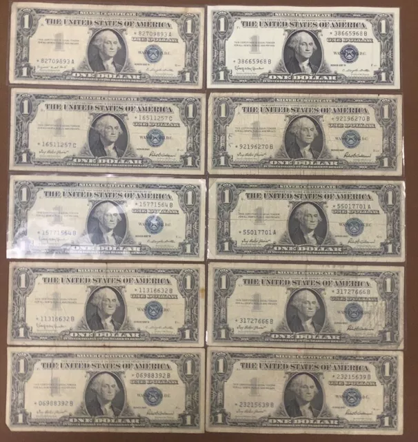 (10) 1957 A,B Series $1 Silver Certificate- Error Replcmnt. Blue Seal Star Notes