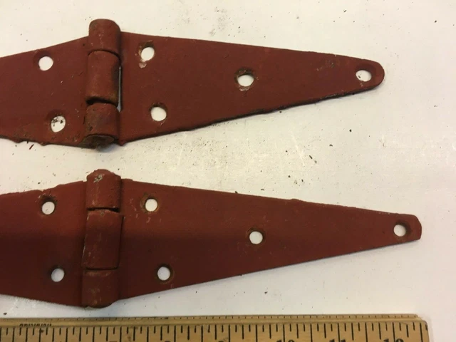 2 Vintage 13'' Farm Barn Door Gate Hand Forged Strap Hinges Great Red Patina 2