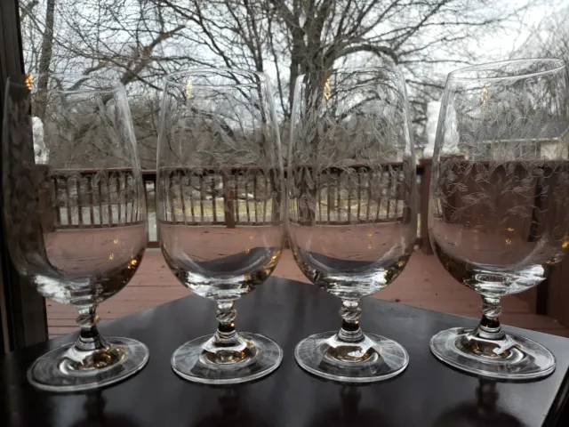 Set (4) Iced Tea Goblets 7-1/2" Glasses, Crystal Pier 1 One "Eliza" etch leaves
