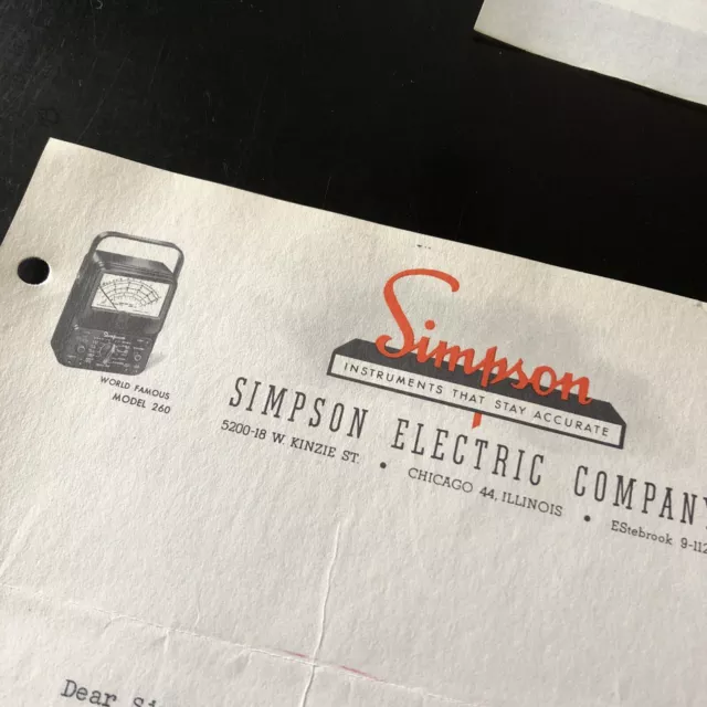 1956 Simpson electric￼ Letterhead Stationery Model 260 Image 50th ANNIVERSARY