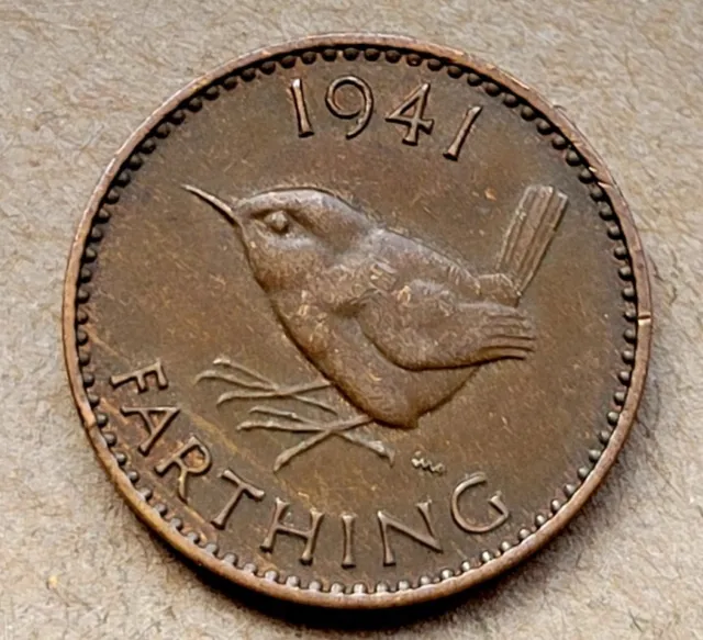 1941 UK FARTHING English Great Britain WWII Era Bronze Coin