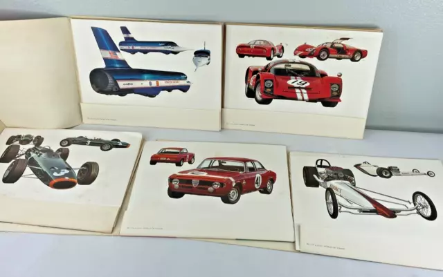Lote de 5 obras de arte vintage de cartel de automóvil deportivo clásico World of Power 11 x 14