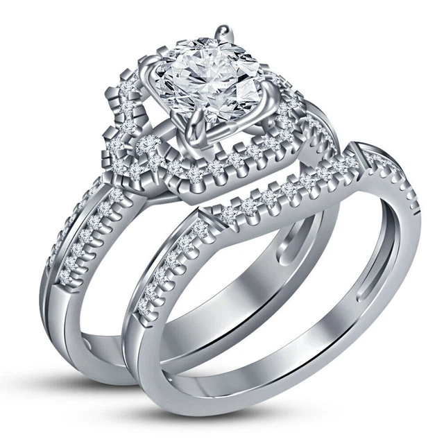 Bague de fiançailles 1.50 Ct Round-Cut D/VVS1 Diamond Bridal Set 10K White...