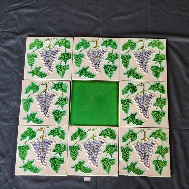 Vintage Grapes Vine Embossed DK TM Architecture Tile , Japan - Set of 9 CT239