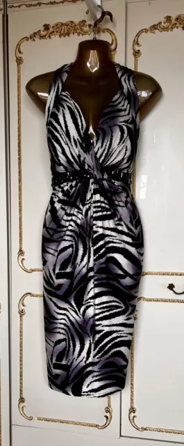 Dusk By Frank Usher Uk 10 Designer Black, Cream,Purple Beaded Occasion Dress Vgc