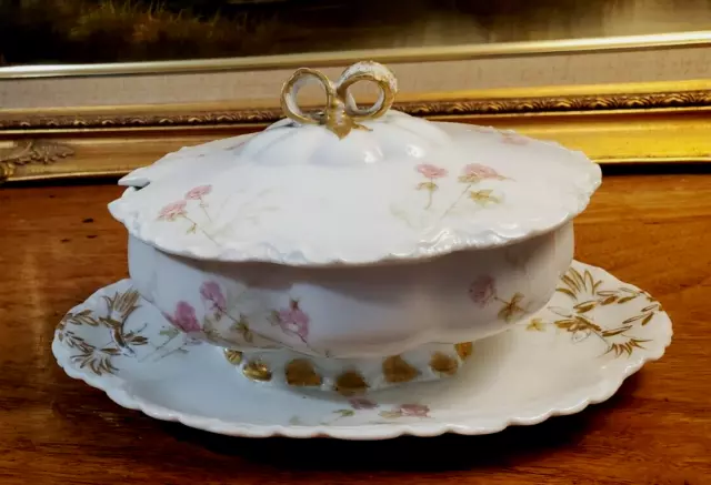 Antique Haviland Limoges Sauce Tureen Pink Floral Stem Roses Gold Bow Handles