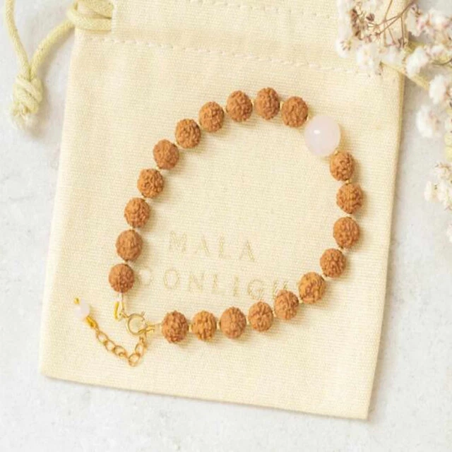 Natural 6mm brown Rudraksha 10mm Rose quartz 14K Gold bracelet Lucky Christmas