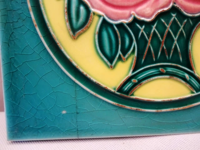 Antique Japan Tile Rose Tree Art Nouveau Ceramic Majolica Saji Architecture Old 3