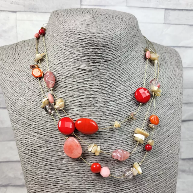 M&S Multi Strand Wire Necklace Red Cream Glass Shell Beads Costume Jewellery