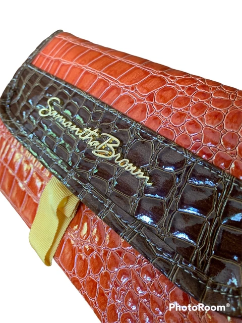 Samantha Brown Make Up Case Orange Brown Trim  Croc Faux Leather 6x9x3”