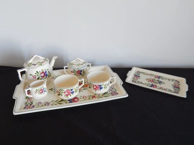 ANCIEN SERVICE à Café en Faïence SARREGUEMINES Rusticana Décor Floral Peint Main
