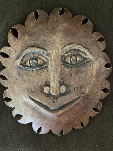 Stunning vintage Sun hand carved wooden tribal mask Blue Paint Eyes  9”x10”