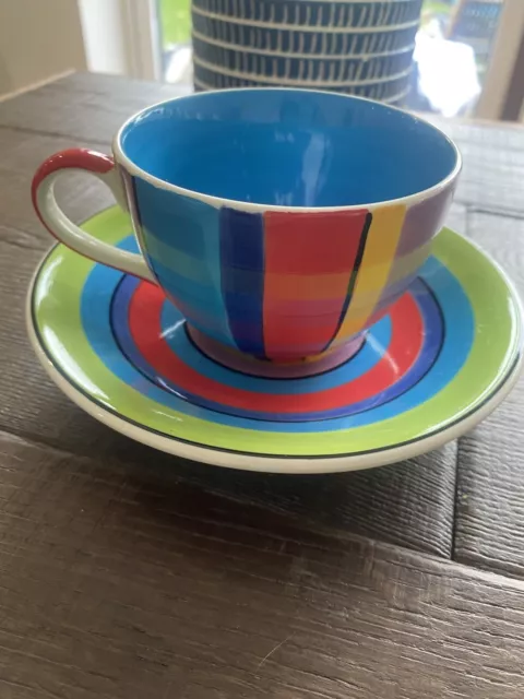 Whittard of Chelsea Handpainted Tea Cup and Saucer. Striped Bright Colours.