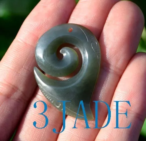 Natural Nephrite Jade Koru / Swirls Pendant New Zealand Maori Style Carving /Art
