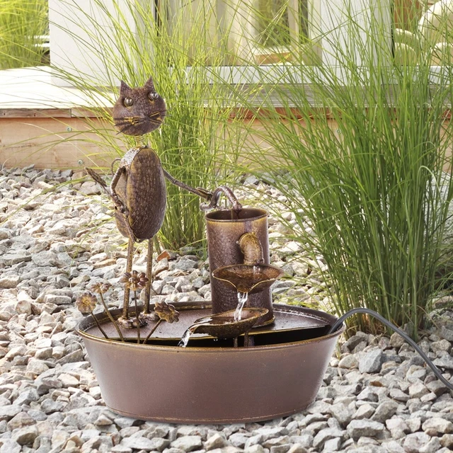 METALLBRUNNEN BRUNNEN KATZE mit Pumpe Gartenbrunnen Wasserspiel