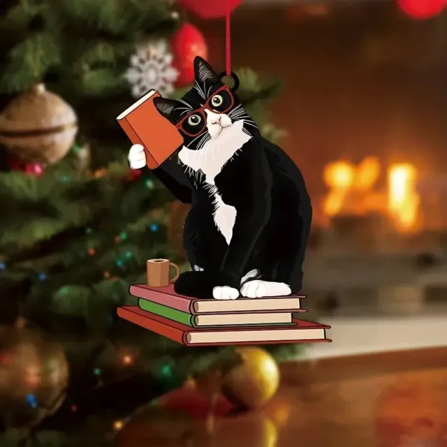 Acrylic Hanging Black Tuxedo Cat Books Christmas Ornament Xmas Holiday
