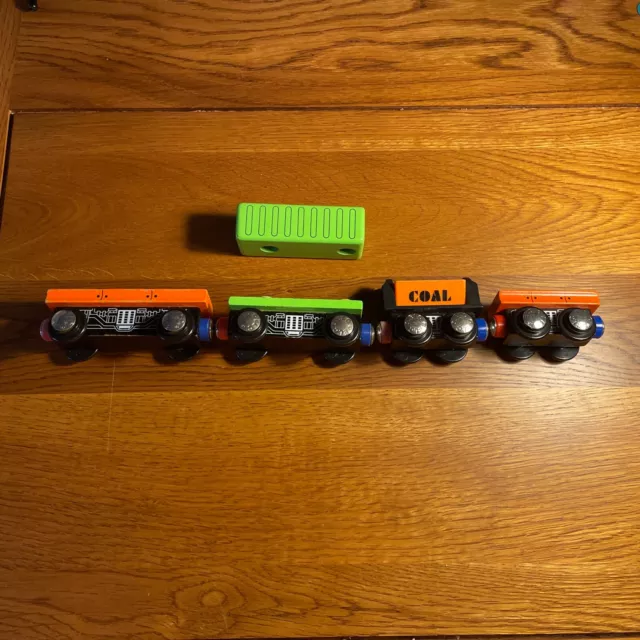 Wooden Train Track 4 Orange and Green Industrial Train Carriages Brio ELC