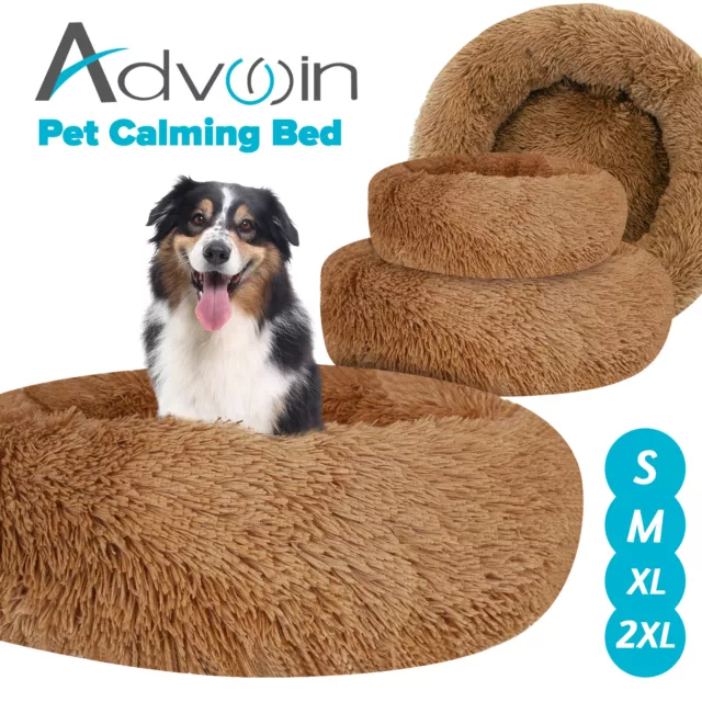 Advwin Pet Round Calming Bed Dog Cat Warm Soft Plush Round Nest Sleeping  Brown