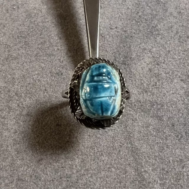 Vintage Egyptian Faience Blue Winged Scarab Beetle Sterling Silver Ring 5.625