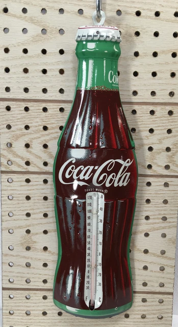 Coca~Cola   16 1/2"  Bottle  Metal Thermometer  Silver Backing