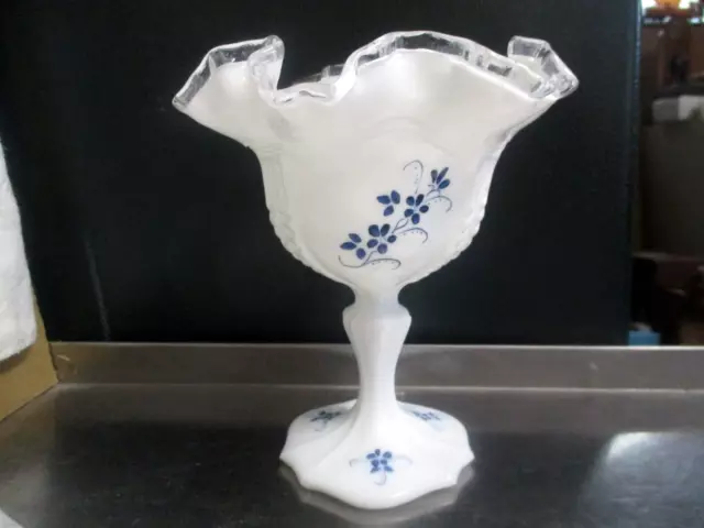 Vintage Fenton Empress Comport Silver Crest Elizabeth Blue Floral 6" SIGNED DA