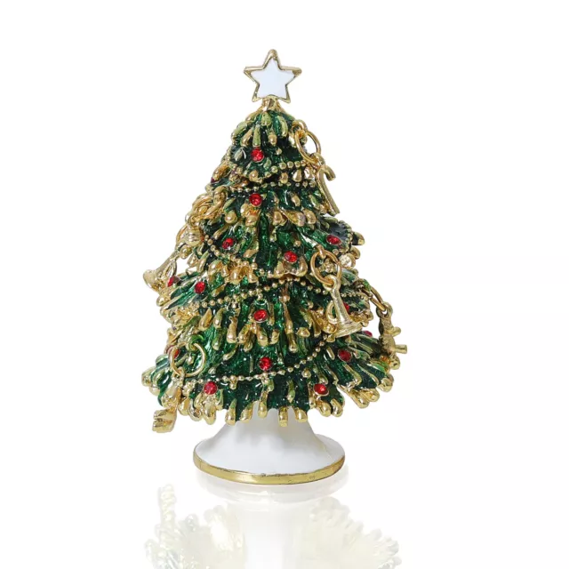 Green Hand Painted Enameled Christmas Tree Decorative Hinged Jewelry Trinket Box
