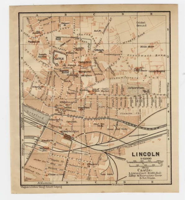 1906 Antique City Map Of Lincoln / Lincolnshire / England