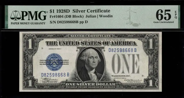 1928D $1 Silver Certificate FR-1604 - D-B Block - Graded PMG 65 EPQ