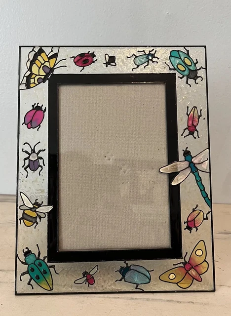 vtg Picture Frame Stained Glass Floral Butterflies Dragonfly Garden Summer
