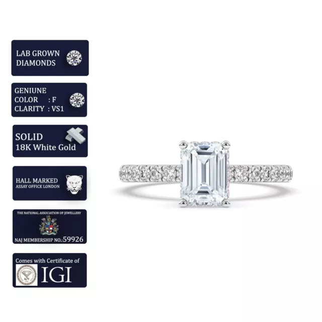 IGI, Lab-Grown Hidden Halo Emerald Cut Diamond Engagement Ring,18K White Gold 3