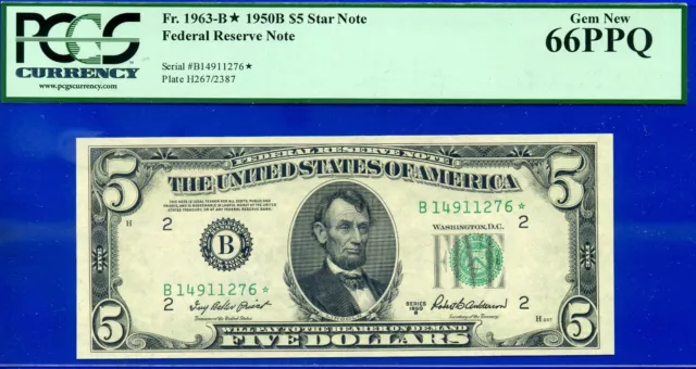 1950B $5 Federal Reserve Note PCGS 66PPQ rare 3rd highest graded star Fr 1963-B*