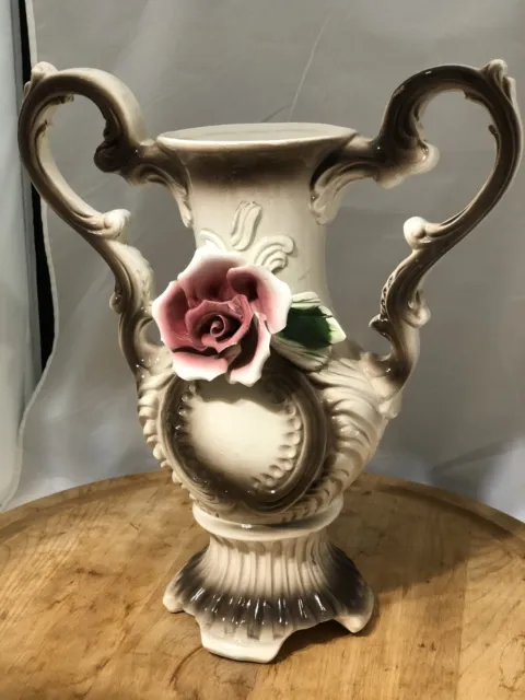 Capodimonte Porcelain Large Bisque Rose Vase Urn 15” Double Handled