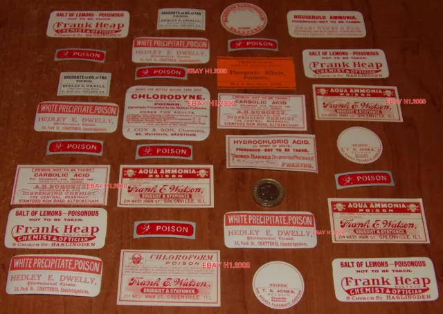 30 Assortment Uk & Usa  Antique Chemist  Poison Bottle Labels Rare Skull & Bones