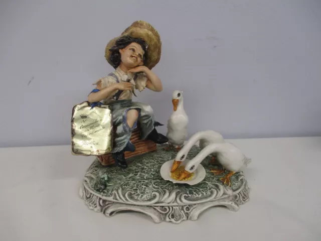 VINTAGE CAPODIMONTE SIGNED MOLLICA BOY with FLUTE FEEDING GEESE FIGURINE 7 3/4"