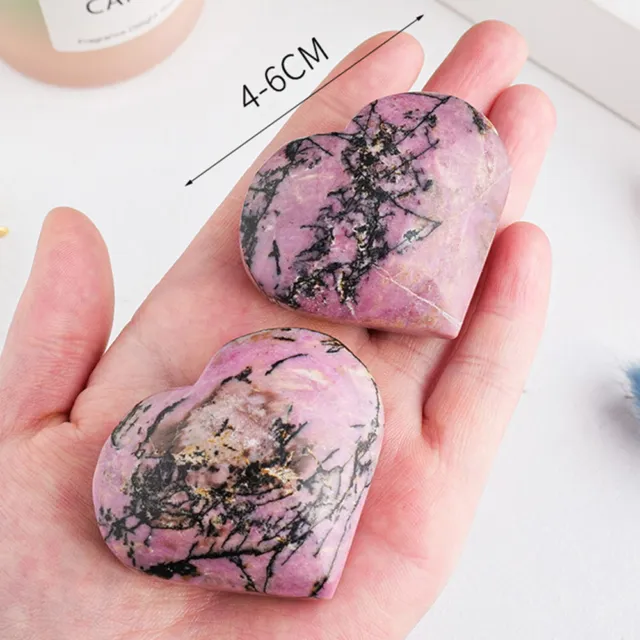 Natural Rhodonite Heart Quartz Crystal Carved Palm Gemstones Reiki Healing Decor