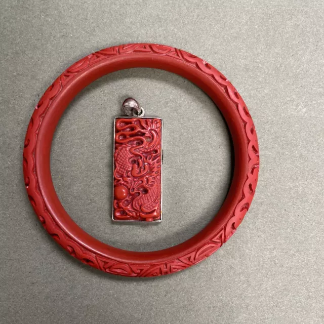 Antique CARVED CINNABAR DRAGON STERLING SILVER PENDANT / BANGLE BRACELET JEWLERY