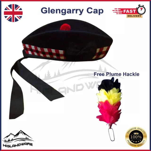 Scottish Highland Men Glengarry Cap 100% Wool Hat With Free Plume Feather Hackle