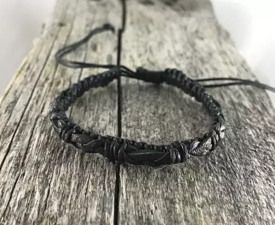 Black Waxed Cotton and Leather Bracelet Anklet Wristband Mens Womens Kids Beach