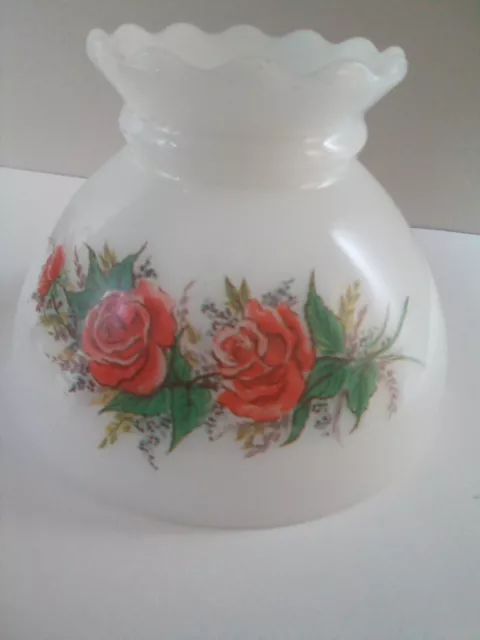 Lamp Shade Milk Glass Ruffled Edges Hand Painted Red Flower Vintage So Pretty