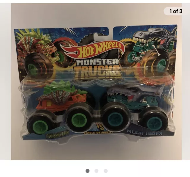 Hot Wheels Monster Trucks Demolition Doubles MOTOSAURUS vs. MEGA WREX 1:64  Scale Vehicle 2-Pack