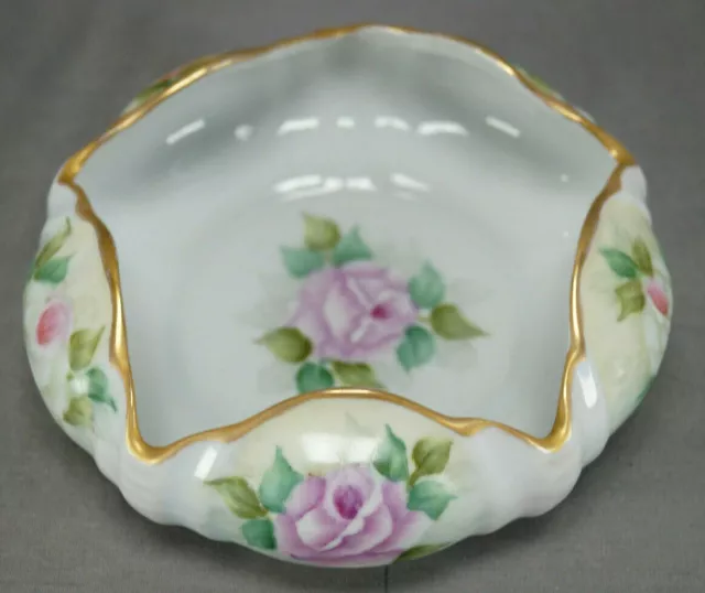 Vintage Hand Painted Signed Jeanette Wilson Pink Yellow & Red Rose & Gold Bowl