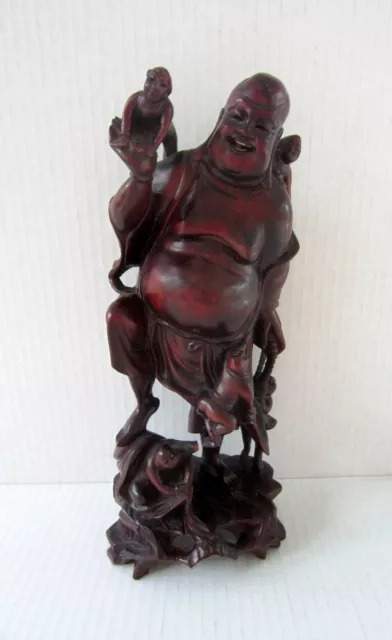 Antique Chinese Carved Rosewood Happy Buddah with Children Sculpture/Statue 10"