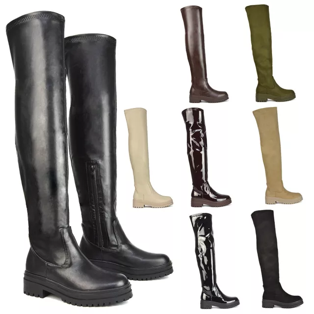 Womens Over The Knee Boots Ladies Chunky Sole Stretch Leg Thigh High Biker Size