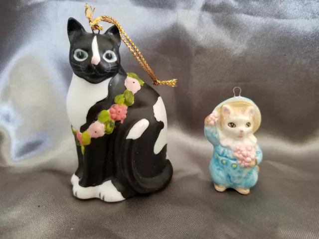 Lot of Two Ceramic Cats 1 is Larger Black & White & 1 Small Blue & White