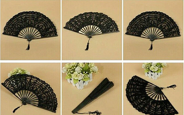 Ventola pieghevole in pizzo nero vintage Lolita steampunk donna mano gotica