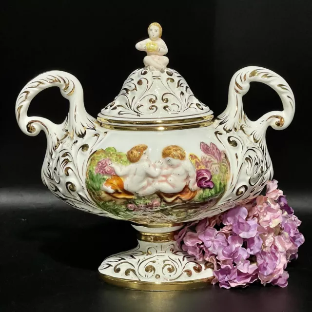 KERAMOS R. CAPODIMONTE Pedestal Bowl & Lid Cherub *Details