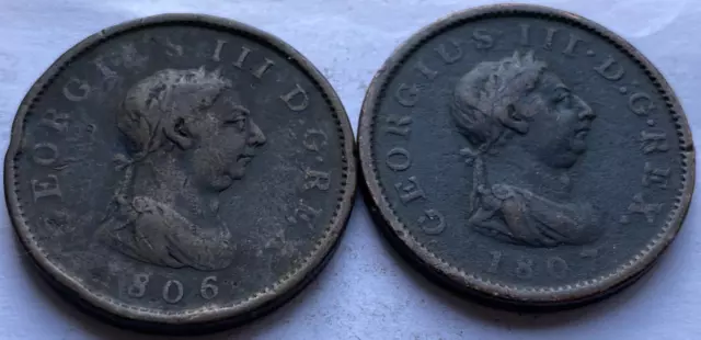 1806 & 1807 George III Large Copper Penny Pair / #239