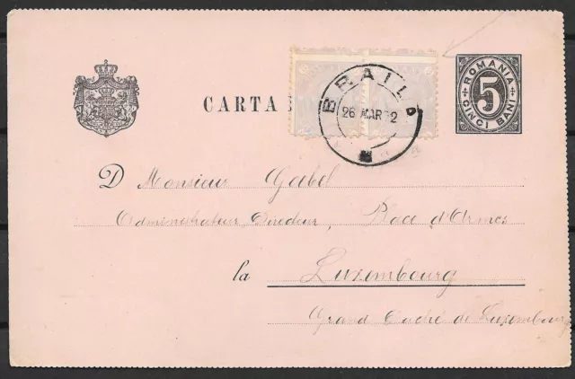Romania covers 1892 Shifted PAIR uprated PC Braila to LUXEMBOURG!