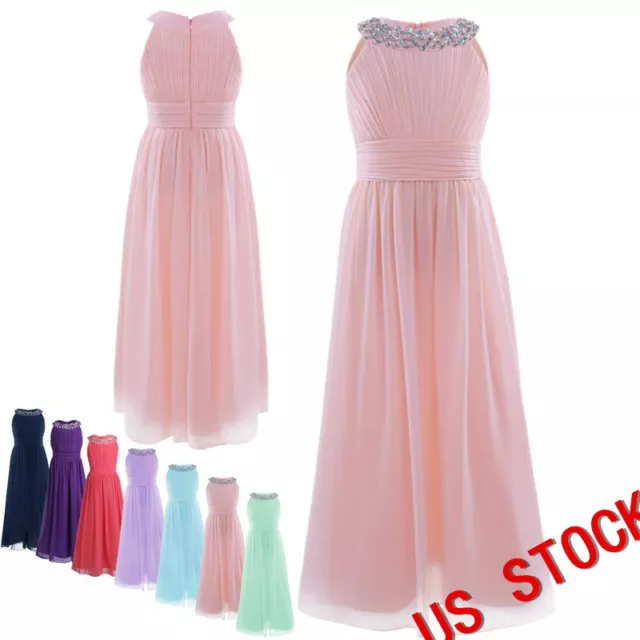 US Kids Sequined Chiffon Dresses Bridesmaid Wedding Party Flower Girl Dress Gown