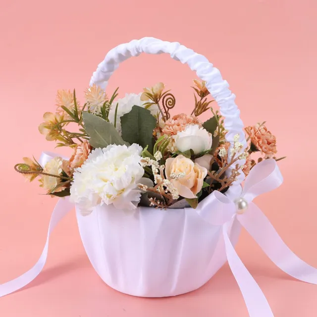 Rhinestone Wedding Flower Basket Romantic White Lace Pearl Flower Girl Basket